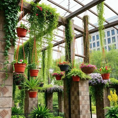 The primary subject of the image is a variety of potted plants hanging from the ceiling in a greenhouse. The plants are arranged in different sizes and colors, creating a lively and vibrant atmosphere. The setting is a greenhouse, which is filled with a diverse range of plants. The visual style of the image is a combination of photo and digital art, as it captures the beauty of the plants and their arrangement. The colors and mood of the image are predominantly green and natural, reflecting the essence